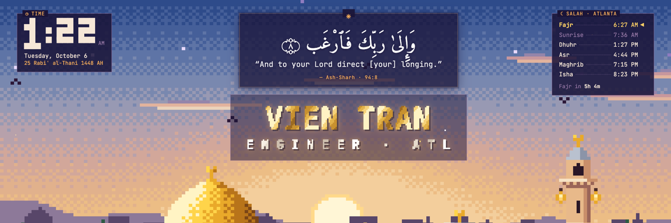 The home page of this site: a pixel-art sunrise over Al-Aqsa with a clock, a Quran verse and prayer times